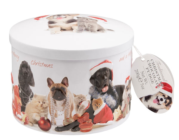 Christmas Cat & Dog Tin with Chocolate Fudge - 200g