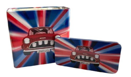 Classic Mini on Union Jack Gift Tin  with Biscuits & Tea