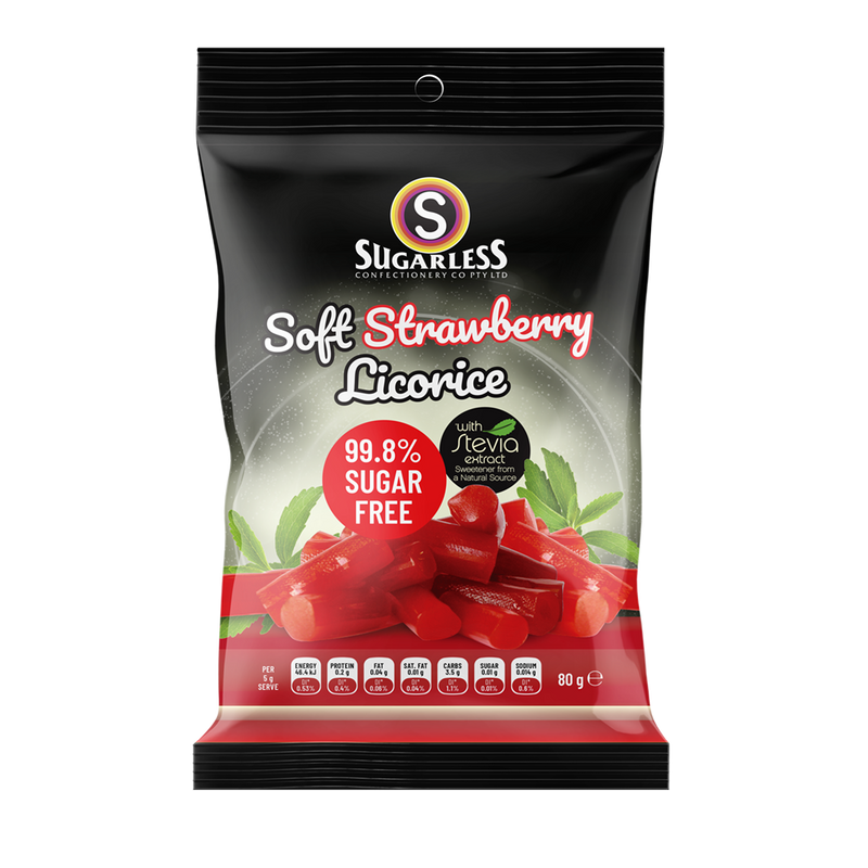 Soft Strawberry Licorice Pieces with Stevia 80g